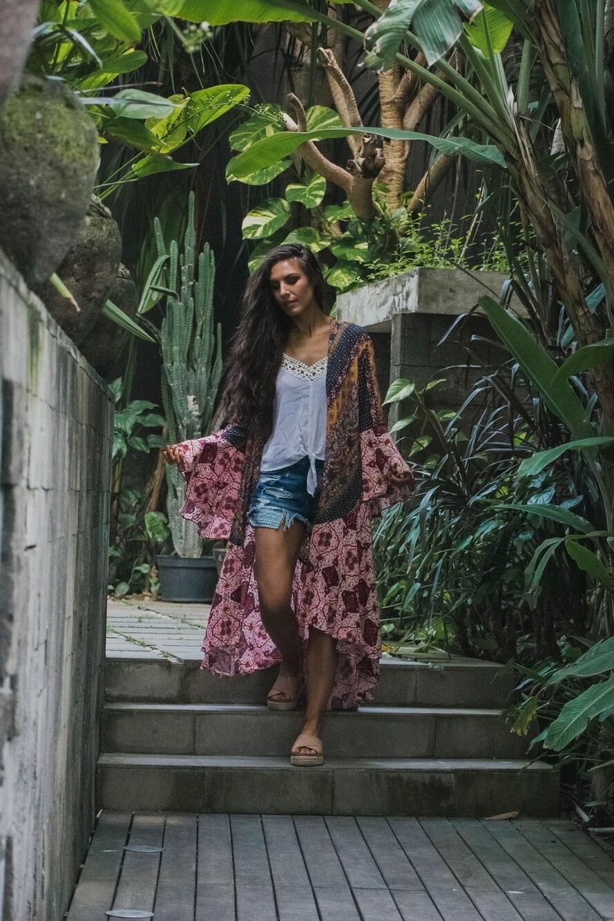UMGEE SPARROW PATCHWORK RUFFLED BOHO KIMONO DUSTER - BERRY